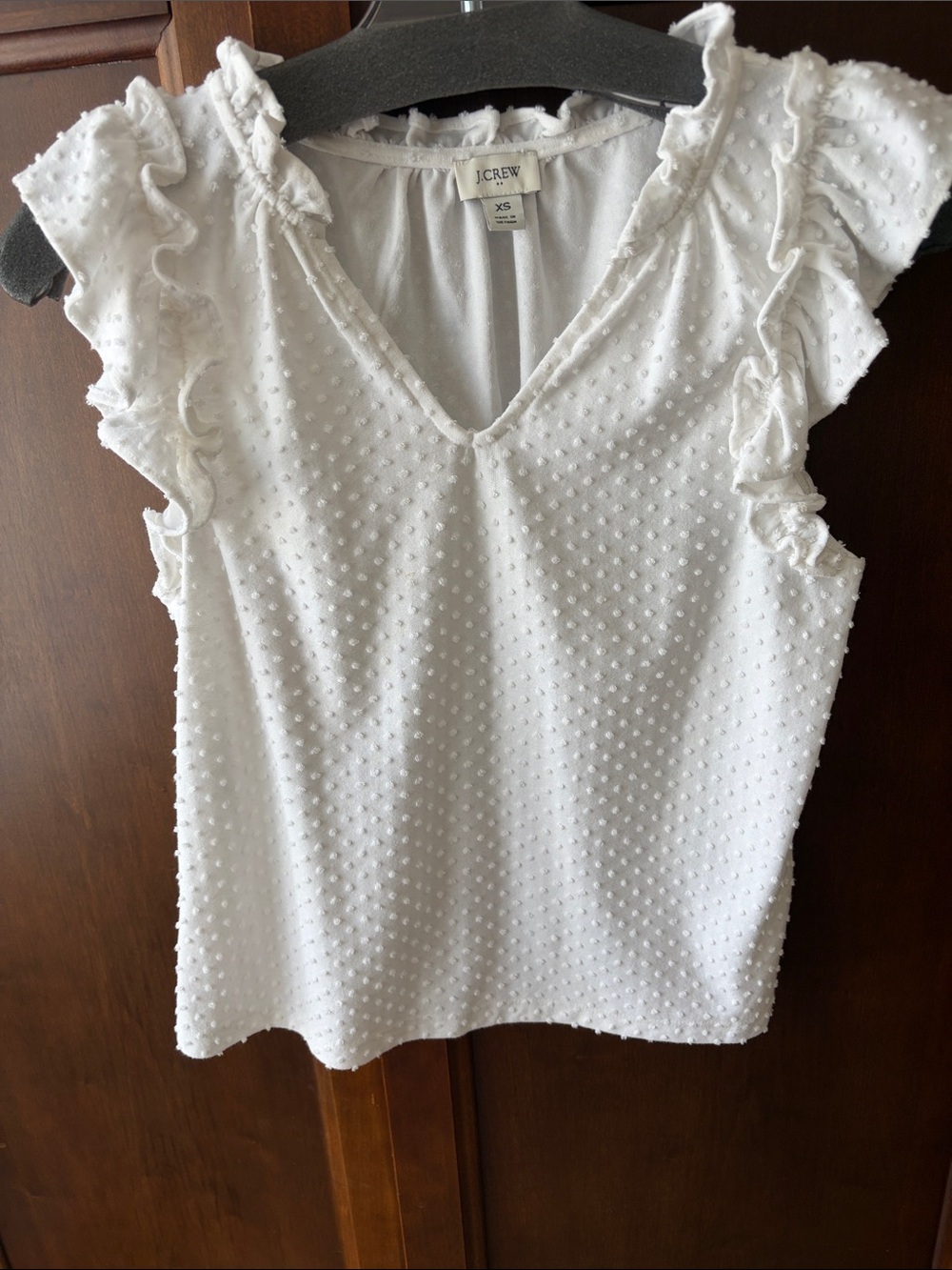 J. Crew White Swiss Dot Ruffle Sleeve V-Neck Shell